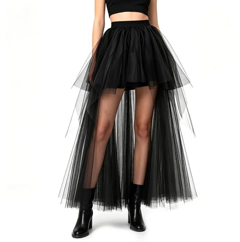 High Low Tutu Tulle Skirt Vintage Steam Punk Rock Gothic Style with Long Train Cocktail Party Dance Sheer Mesh Maxi Dress for Wedding Evening Party Prom Black