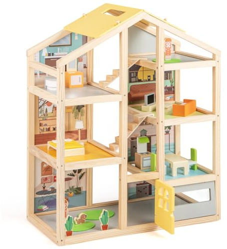 GOPLUS Casa de Muñecas de Madera para Niños, Casa de Muñecas Moderna con 7 Habitaciones, 18 Piezas de Mobiliario, 2 Figuras y 1 Perro Mascota, Juguete de Casa para Niños de 3+ Años