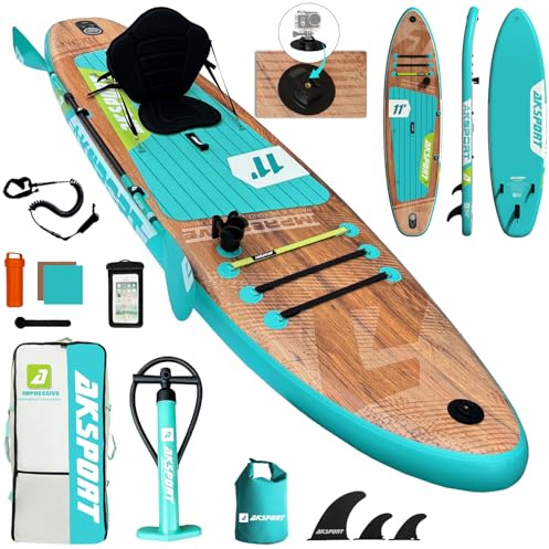 AKSPORT 11' Inflatable Stand-Up Paddle Board with Upgraded SUP Accessories Kit | Extra Wide 34 Design | Non-Slip Deck | Premium SUP Board for Adults & Youth of All Levels