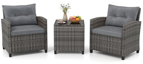 GIANTEX Set Mobili da Giardino in Rattan 3 Pezzi, 2 Poltrone e Tavolo, con Cuscini per Seduta e Schienale, Adatto per Balcone e Esterno, per 2 Persone