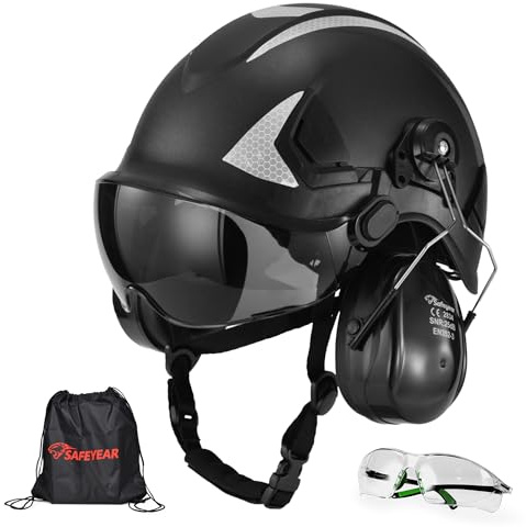 Safeyear Casco de Obra Homologado EN397 para Construcción, Casco de Seguridad con Orejeras Antiruido SNR 25dB y Visera Facial para Motosierra y Desbrozadora, Casco de Trabajo ABS con Gafas de Regalo