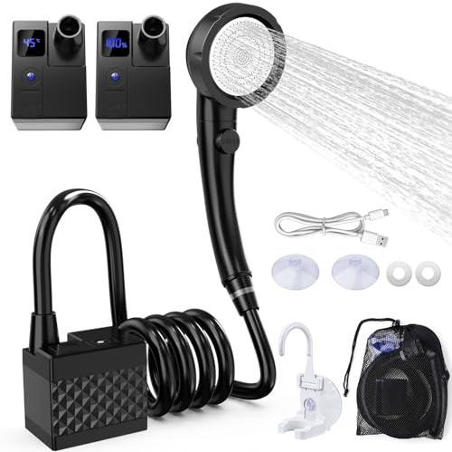 Cadrim Campingdusche mit Pumpe, 8000mAh Camping Dusche mit Akku und Intelligenter Digitalanzeige, Outdoor Dusche Set mit Duschkopf und 2M Schlauch, Tragbare Dusche für Garten, Autowaschen, Reisen