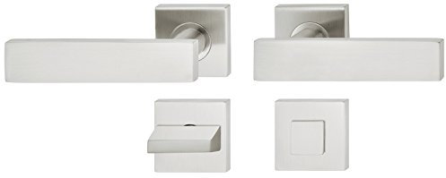 Moderner Tür-Griff Rosette quadratisch Türklinke Edelstahl Drückergarnitur für Zimmertüren | LDH 2187 | BAD - Badezimmer | Edelstahl matt gebürstet | 1 Garnitur eckig - Design Türbeschläge Innentüren