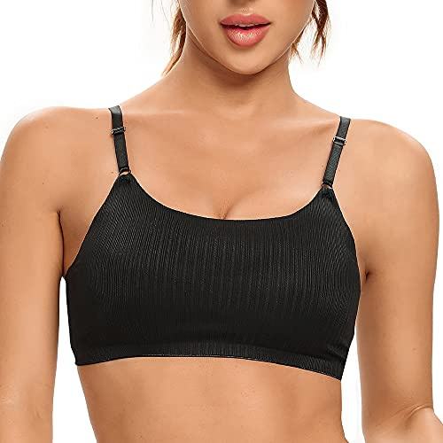 SHEKINI Dam vadderad byst-BH sömlös utan bygel, spaghettiband, kors-design, push-up behå, sportbh, topp för yoga, fitness, sov-bh, Svart, 6127, XL