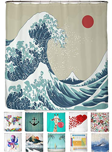 arteneur® - Japan Welle - Anti-Schimmel Duschvorhang 180x200 - Recycelt mit Öko-Tex Standard 100 - Beschwerter Saum, Blickdicht, Wasserdicht, Waschbar, 12 Ringe & E-Book