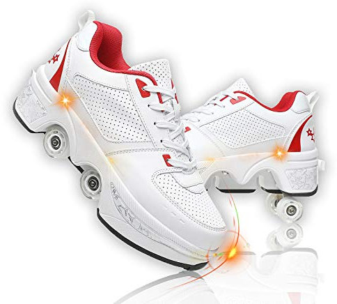 Pinkskattings@ Damen Und Mädchen Rollschuhe Skateboard Schuhe Kinderschuhe Mit Rollen Skate Shoes Rollen Schuhe Sportschuhe Laufschuhe Sneakers Mit Rollen Kinder (White and red, 41)