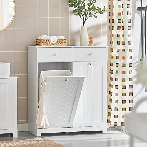 Haotian Tilt-Out Bathroom Laundry Cabinet Hidden Hamper Organizer with Double Baskets and Drawers Storing Unit Storage Chest Cupboard, White BZR33-W