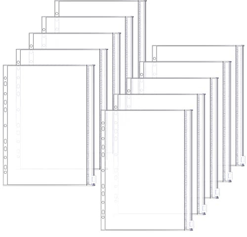 10 Stücke Dokumententasche A4, Klar Binder Taschen mit 11 Binderlöcher Reißverschluss Ordner Plastic Loseblattbeutel für Dokumenten Kosmetischer Schmuck Organisieren