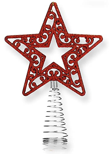 AKH® Red Christmas Tree Top Star | 19cm Size | Glitter Xmas Trees Top Decoration | Glittered Metal Christmas Tree Top Star | For Christmas Decoration