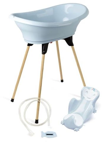THERMOBABY - Pack Baignoire Bébé VASCO 5 En 1 - Baignoire, Pied En Bois, Tuyau De Vidange, Transat De Bain, Thermomètre - Fleur Bleue - Pliable & Stable - Fabriqué En France