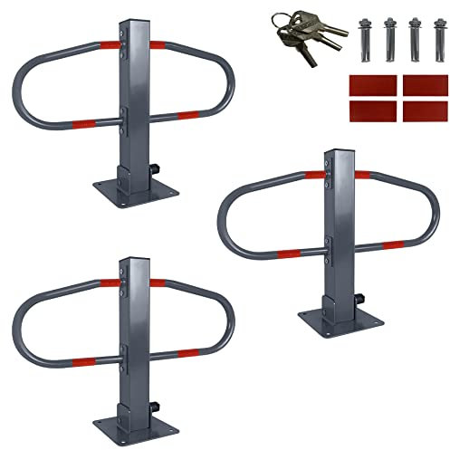 SUBTLETY 3 Pièces Barrière de Parking Poteau de Blocage Arceaux de Parking Pliables en Métal avec Clé & Bandes Réfléchissantes Serrure de Parking Kit de Poteaux de Blocage pour Garage Allée
