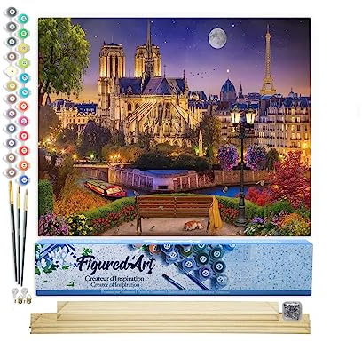 Figured'Art Malen Nach Zahlen Erwachsene Mit Rahmen Notre Dame unter den Sternen - Paint by Numbers Basteln DIY Bastelset 40x50cm Mit Keilrahmen (nicht gespannt)