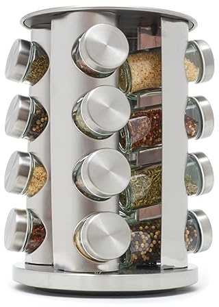 Revolving 16 Jar Spice Rack | Carousel Rack With Brushed Silver Finish | Contemporary Rotating Organizer For Kitchen | By Home Basics | Stores Salt, Pepper, Cinnamon, Herbs, Paprika, and More