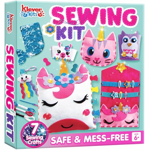 Klever Kits Mon Premier Kit de Couture Enfant,Kits d'Artisanat en Feutre, Arts et Artisanat Pour Débutants,Comprend 7 projets Oreiller Licorne, porte-clés et sac, Cadeau Pour Filles 6+ ans