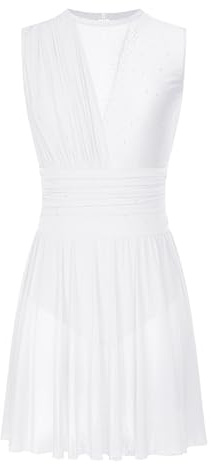Oyolan Femme Robe Patinage Artistique Justaucorps Gymnastique Danse Strass sans Manches Tenue Danse Contemporaine A Blanc M