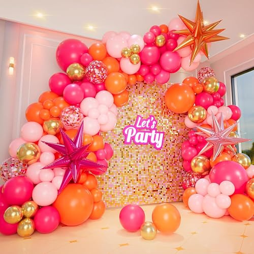 Pink and Orange Balloon Arch Kit, Hot Pink Orange Metallic Gold Latex Balloon Garland kit, 18 12 10 5 Inch Different Size Balloons for Summer Birthday Baby Shower Wedding Party Decorations