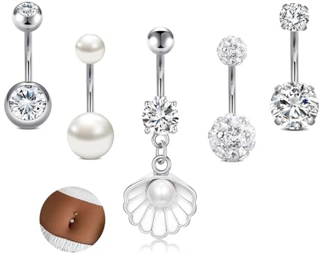 AVYRING 5 piercing per ombelico con diamante, perla, ciondolo a conchiglia, in acciaio inox 16 G, piercing per ombelico, gioielli da donna, Acciaio inossidabile
