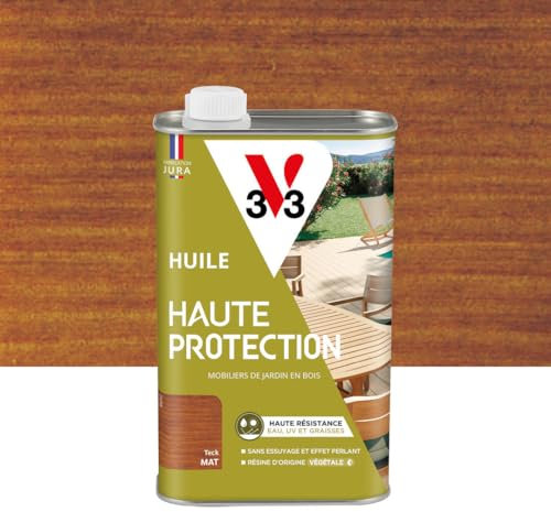 V33 Huile bois extérieur Haute Protection Teck mat - Pour mobilier de jardin - Haute résistance eau, UV et graisses - Sans essuyage et effet perlant - Résine d'origine végétale - 1L