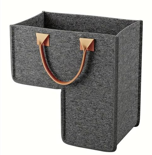 Generic L-shape Stairs Basket Organizer, Foldable Stair Storage, Dark Gray Felt, PU Leather, 25x42x42cm/9.84x16.53x16.53 inches, For Laundry, Slippers, Shoes, Blankets, Toys