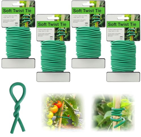 QINGHEC Lot de 4 Fil de Fer Jardin Vert Souple Lien Souple pour Vegetaux 3mm x 8m Attache Plante Grimpante Fil de Fixation Caoutchouté pour Attacher et Soutenir Les Plantes Grimpantes dans Le Jardin