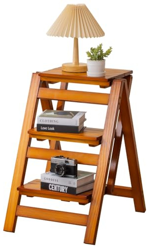 Latifolia Foldable 3 Step Ladder, Wooden Step Stool with Floor Saver, Decorative Ladder Shelf for Living Room, Kitchen, Garden(Walnut)