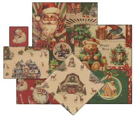 Papier cadeau de Noël vintage, 4 feuilles de papier kraft plié, motif Casse-Noisette, Père Noëls, Bonhomme de neige, Élan, Ours, Camion, pour enfants, cadeaux de Noël, 50 x 70 cm