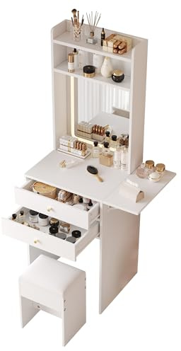 Senmate Toilette da Trucco con Luci LED Regolabile 3 Colori, Specchio Vanità con Cassetti, Ripiano Ribaltabile per Spazi Piccoli, Comoda Sgabello Incluso, Design Moderno, Bianco