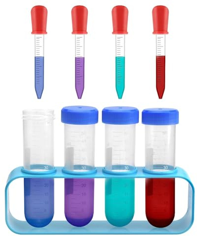 XRVRILE Pipeta para niños, 9 unidades, pipetas de plástico para niños, tubos de ensayo de 5 ml con soporte, pipeta con pipetas y soporte de tubo de ensayo para laboratorio creativo experimentos