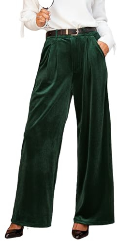 CUPSHE Velvet Pants for Women Dressy Casual Wide Leg Pants Stretchy High Waisted Velour Palazzo Pants with Pockets Green M