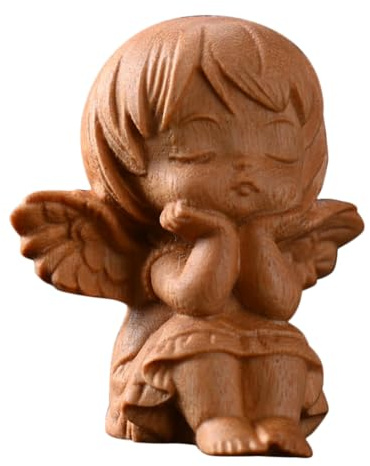 Baluue Ornement Ange Bois Sculpté Miniature avec Ailes Figurine Religieuse Décorative pour Intérieur et Jardin Cadeau Modèle Artisanal Bois