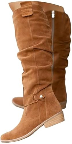 Brown Slouchy Knee High Boots for Women UK,Low Chunky Heel Boot with Side Zipper Round Toe Booties Ladies Casual Suede Shoes Winter Non Slip Dressy Comforable Wedge Warm Wide Flat Booties