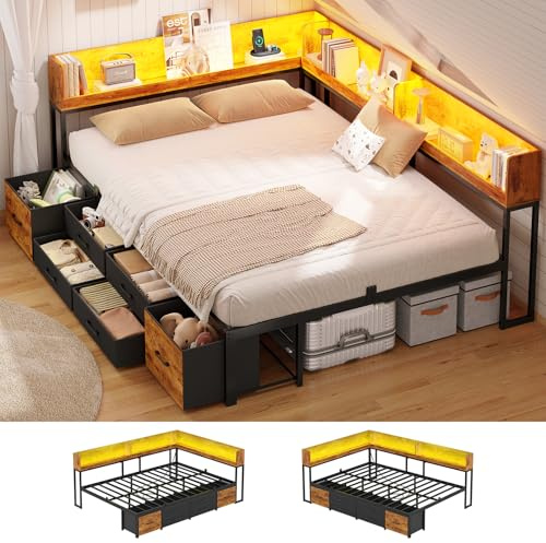AOGLLATI Canapé Lit avec Dossier Réversible, Éclairage LED et Multiprise, Lit 140x190 avec Sommier en Métal, 3 Niches Ouvertes et 4 Tiroirs sous Sommier 140x190, Canapé Convertible Marron Vintage