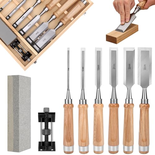 Juego de Formones para Madera Profesional, 6 Cinceles de Carpintería (6-38mm) con Mango de Madera, Piedra de Afilar, Guía y Caja de Almacenamiento | Herramientas para Tallar y Bricolaje