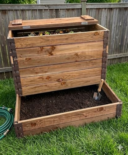 Composteur en Bois 400L en Sapin Classe 3 traité Marron avec Couvercle