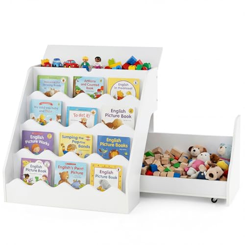 COSTWAY Libreria Montessoriana per Bambini 2in1, Scaffale per Libri a 4 Livelli con Carrello Portagiochi, Vano con Coperchio Ribaltabile, per Cameretta e Stanza dei Giochi, 63x49x61,5 cm (Bianco)