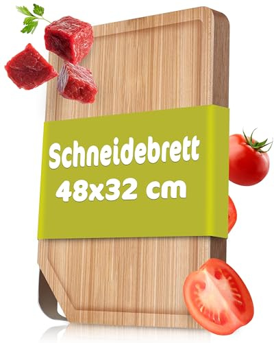 RÖSLE Schneidebrett mit Edelstahlgriff, 48x32cm, Hochwertiges Schneidebrett Holz aus robustem Ulmenholz, Holzschneidebrett für universellen Einsatz, rutschfestes Küchenbrett und Servierbrett