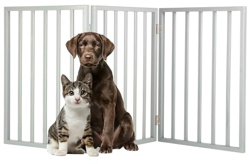 Pet Gate - 3-Panel Indoor Foldable Dog Fence for Stairs, Hallways, or Doorways - 54x24-Inch Retractable Wood Freestanding Dog Gates by PETMAKER (Gray)