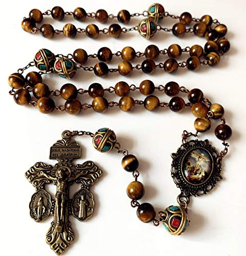 elegantmedical HANDMADE Vintage Catholic Tiger Eye & Nepal Beads Bronze Pardon Crucifix Cross Rosary Necklace Catholic Gift