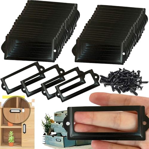 lankai 30 Stück Metall Etikettenhalter, Etikettenrahmen Mit Schrauben, Vintage Label Halter, Etikettenhalter Schwarz Metall, Für Apothekerschrank, Büro Schubladenschrank, Aktenschrank (Schwarz)