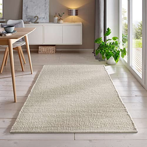 Handweb-Teppich aus Schurwolle in Skandinavischem Landhaus Design in vielen aktuellen Farben für Wohnzimmer, Esszimmer, Schlafzimmer, Flur, auch als Läufer beidseitig verwendbar weiß 090x160 cm