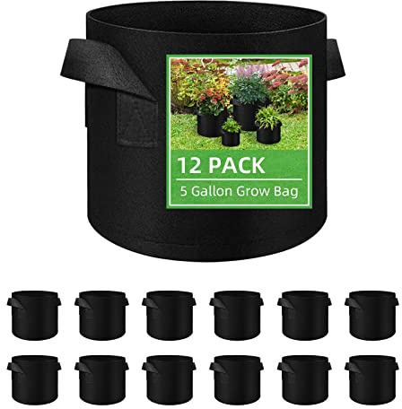12 Pack Vegetable Grow Bags, Gardening Plant Growing Bags Breathable Non-woven Fabric Plant Pots with Handles Indoor & Outdoor Grow Containers for Vegetable/Flower/Plant/Fruits, 5 Gallon(Black)