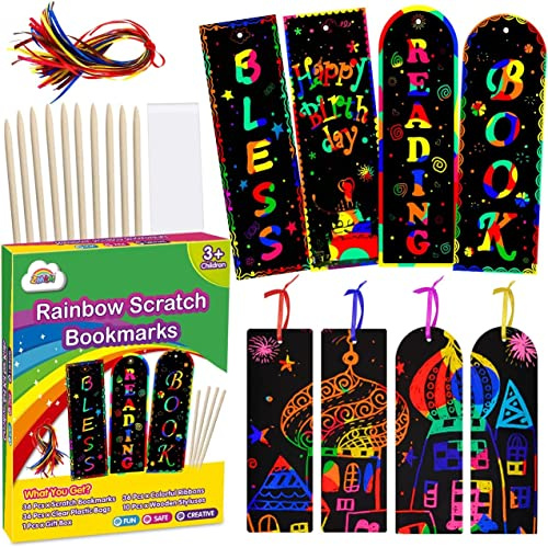 Scratch Art for Kids - 36 Pack Rainbow Scratch Paper Bookmarks (Bookmarks) | 36-Pack Rainbow Bookmarks, 36 Styluses, Ribbons & Gift Box. Great for Goodie Bags, Party Favours, Classroom Gifts.