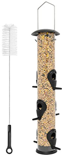 Deerstone Hanging Bird Seed Feeder with Cleaning Brush for Small UK Garden Birds Squirrel Resistant Metal & Polycarbonate