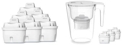 Philips Water Cartuchos de filtro de agua de repuesto, pack de 6 filtros & Filtro de jarra +3 cartuchos de filtro de repuesto Micro X-Clean, flujo rápido, blanco, 2,6