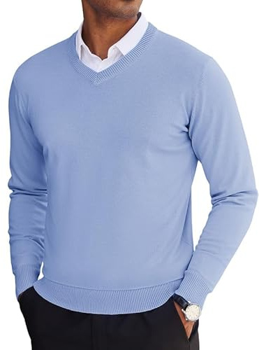 COOFANDY Men's V Neck Pullover Sweater Long Sleeve Casual Dress Sweater Slim Fit Knit Lightweight Thin Sweaters Light Sky Blue Large