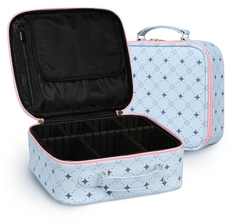 M Y U R E N Travel Makeup Bag,Waterproof Cosmetic Organizer, Adjustable Dividers,Portability Cosmetic Train Case,Makeup organizer,Gift for Women,Girls Gift (Blue+Pink)