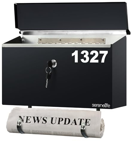 SereneLife Outdoor Wall Mailbox & Newspaper Holder | 0.24 FT Cubic Mailbox | Easy Installation, Secure Lock Mechanism | Ideal for Residential or Commercial Use | Wall Mountable | 15x3x11 in | Black