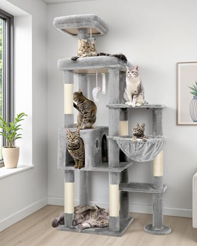 Globlazer Árbol Rascador para Gatos XL, Rascador para Gatos Alto 167 cm con Grandi Plataformas Acolchada Percha Nidos Cesta Peluche Juquetes, Estable Torre para Gato Grandes 5KG+ (F65B, Gris Claro)