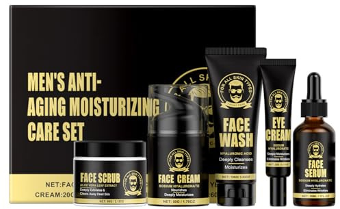 5-teiliges Anti-Aging Gesichtspflege Set für Männer mit Waschgel, Peeling, Serum, Creme & Augencreme für Tiefenreinigung, Faltenreduzierung – Ideal als Geschenke für Männer, Weihnachtsgeschenke
