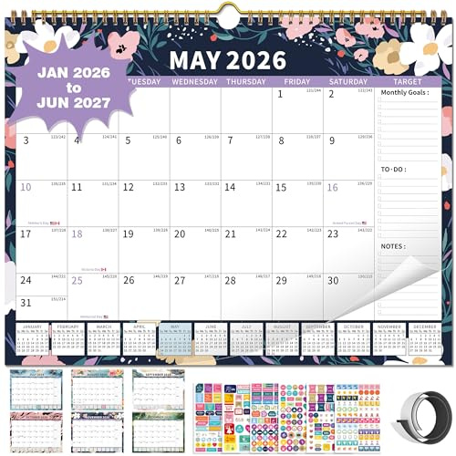 Calendar 2026-2027 Planner Wall Hanging Spiral Bound 18-Month Calendars with Stickers and Magstrip Marble (15 × 12)